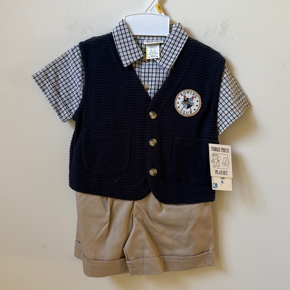 BT Kids 3pc Navy Vest and Plaid Shirt Set with Khaki Shorts NWT Boy’s Size 2T